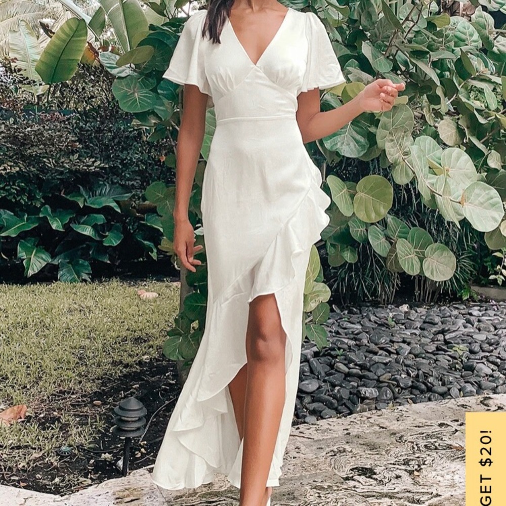 White Satin Ruffled Flutter Sleeve Maxi Dress Small Eternal Bond Lulus